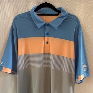 Antigua Men's Striped Blue and Peach Polo